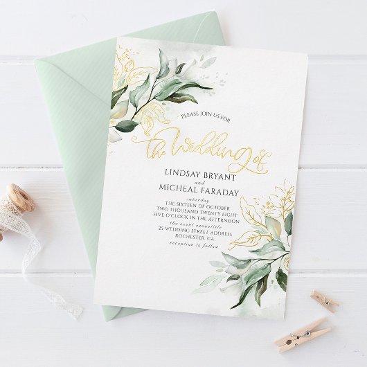 Elegant Gold en Sage Greenery Modern Wedding Folie Uitnodiging