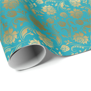 Elegant Gold en Turquoise Floral Pattern Cadeaupapier