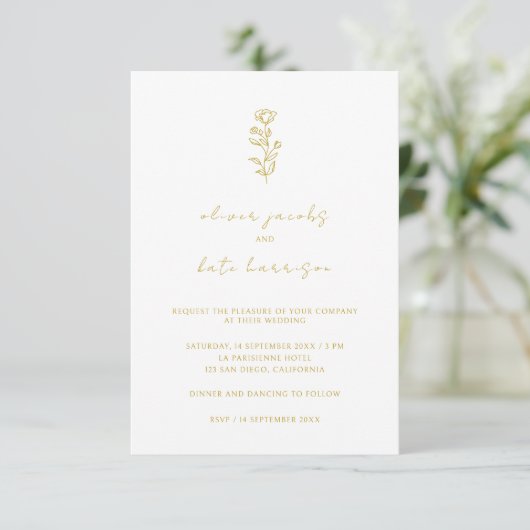 Elegant Gold en White Minimalist Script Weddenscha Kaart (Staand voorkant)