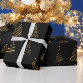 Elegant Gold en zwarte kerstbomen Cadeaupapier