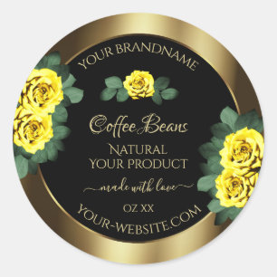 Elegant Gold- en zwarte-productlabels Gele rozen Ronde Sticker