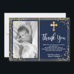 Elegant Gold et Navy Baptism Merci Cartes<br><div class="desc">Simple, élégant or et bleu marine, baptême et baptême vous remercient cartes. Envoyez des remerciements à votre famille et à vos amis avec cette carte à plat moderne et personnalisée. Il présente un script "Merci" écrit à la main, autour d'un cadre double fausse feuille or et confetti parties scintillant or...</div>