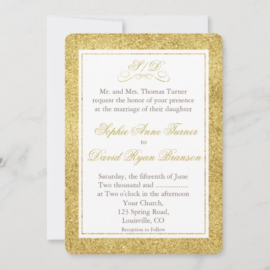 Elégant Gold et White Bordure Mariage Invitation (Devant)