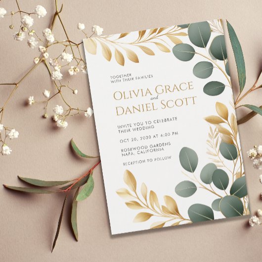 Elegant Gold Eucalyptus Botanical Wedding Kaart