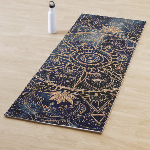 Elegant Gold Eye Sun Moon Mandala Navy-Blue Design Yogamat