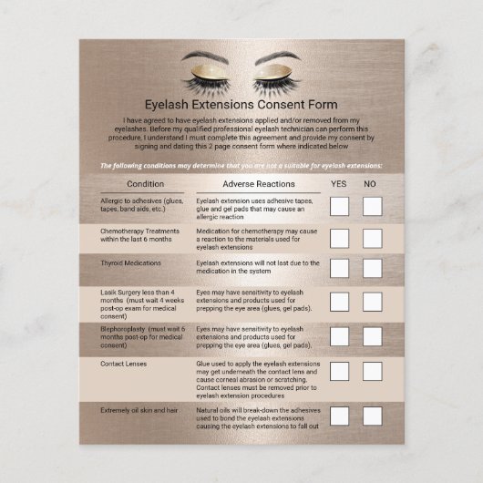 Elegant Gold Eyelash Extensions Liability Waiver Flyer (Voorkant)
