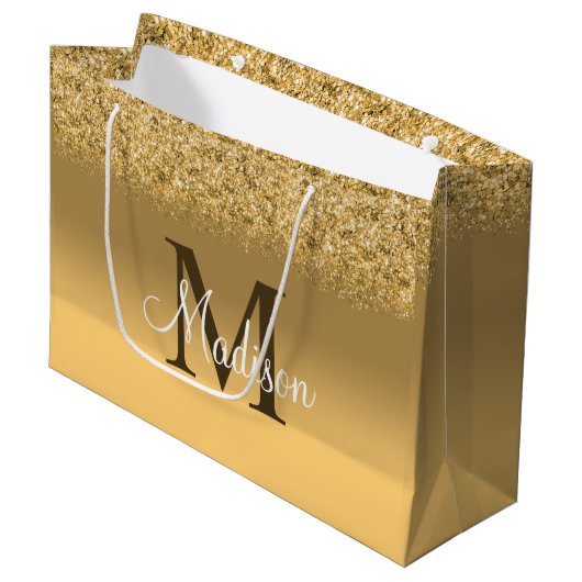 Elegant Gold Faux Glitter Monogram Groot Cadeauzakje (Voorkant Gekanteld)
