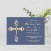 Elegant Gold First Communion Invitation pour garço (Debout devant)