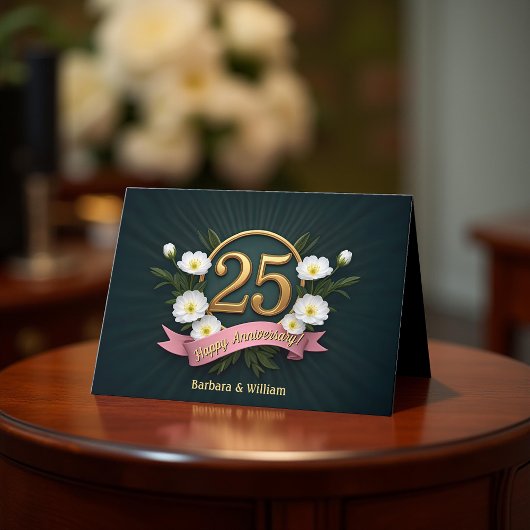 Elegant Gold Floral 25th Wedding Jubileum Kaart