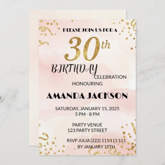 Elegant Gold Floral 30th Birthday Invitation (Devant / Derrière)