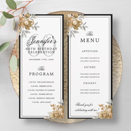 Elegant Gold Floral 60th Birthday Program Menu  Kaart