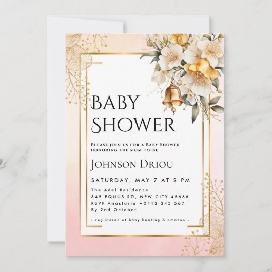 Elegant Gold Floral Baby Shower Invitation (Devant)