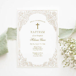 Elegant Gold Floral Baptism Invitation Kaart