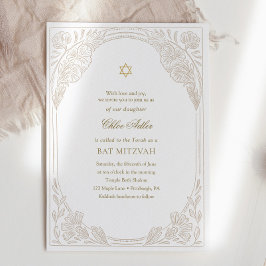 Elegant Gold Floral Bat Mitzvah  Kaart