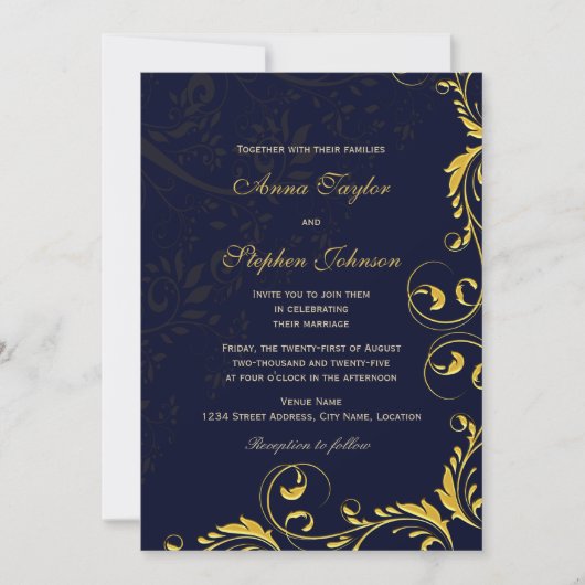 Elegant Gold Floral Botanical Swirls Navy Kaart (Voorkant)