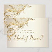 Elegant Gold Floral Damask Script Maid of Honor Kaart (Voorkant / Achterkant)