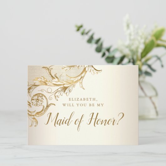 Elegant Gold Floral Damask Script Maid of Honor Kaart (Staand voorkant)