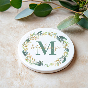 Elegant Gold Floral Greenery Monogram Wreate Zandsteen Onderzetter