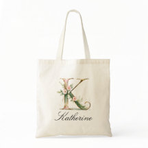 Elegant Gold Floral Letter K Monogram Tote Bag