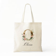 Elegant Gold Floral Letter O Monogram Tote Bag