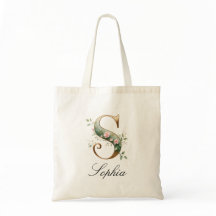 Elegant Gold Floral Letter S Monogram Tote Bag