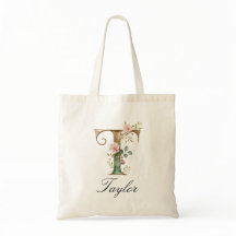 Elegant Gold Floral Letter T Monogram Tote Bag