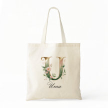 Elegant Gold Floral Letter U Monogram Tote Bag
