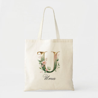 Elegant Gold Floral Letter U Monogram Tote Bag