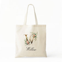 Elegant Gold Floral Letter W Monogram Tote Bag