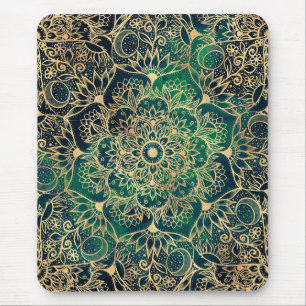 Elegant Gold Floral Mandala Green Blue Design Muismat