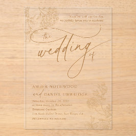 Elegant Gold Floral Modern Script Wedding Acryl Uitnodigingen