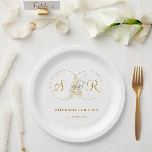 Elegant Gold Floral Monogram Graduation Party Papieren Bordje (Huwelijk)