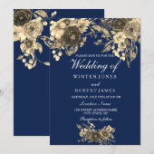 Elegant Gold Floral Navy Blue Wedding Invitation Kaart (Voorkant / Achterkant)