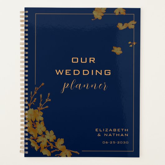 Elegant Gold Floral Navy Blue Wedding Planner (Voorkant)