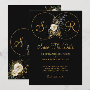 Elegant Gold Floral op Black Monogram Weddenschap Save The Date