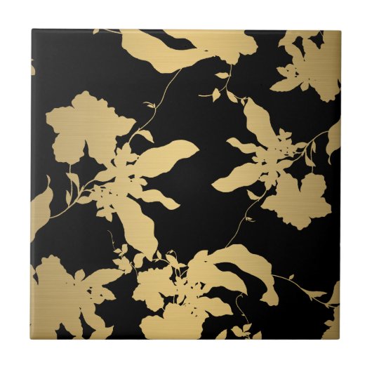 Elegant Gold Floral Pattern Black Tegeltje (Voorkant)