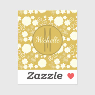 ELEGANT GOLD FLORAL PATTERN CREAM FLOWERS MONOGRAM STICKER