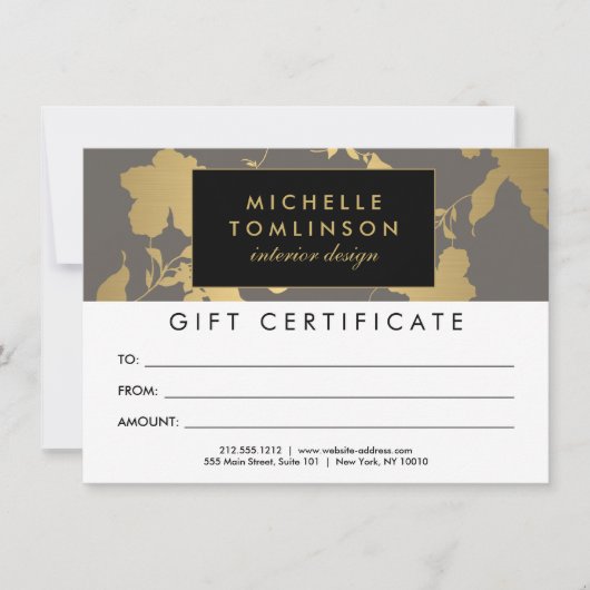 Elegant Gold Floral Pattern Gray Gift Certificate (Voorkant)