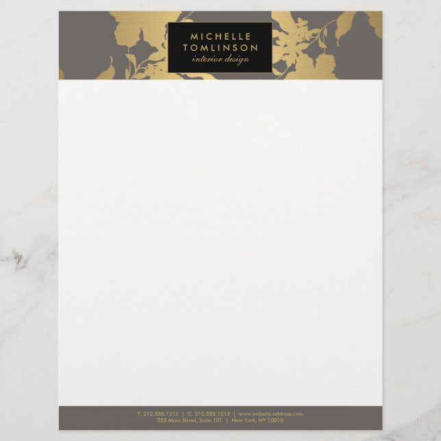 Elegant Gold Floral Pattern Grey Designer Persoonlijk Briefhoofd (Voorkant)