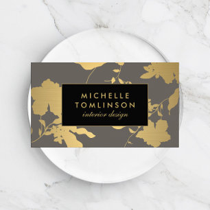 Elegant Gold Floral Pattern Grey Designer Visitekaartje