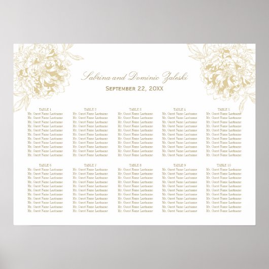 Elegant Gold Floral Peony Wedding Seating Seating Poster (Voorkant)