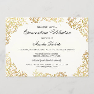 Elegant Gold  Floral Quinceanera Invite Kaart