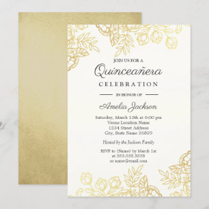 Elegant Gold  Floral Quinceanera Invite Kaart
