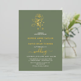 Elegant Gold Floral Sage Green Monogram Wedding Folie Uitnodiging