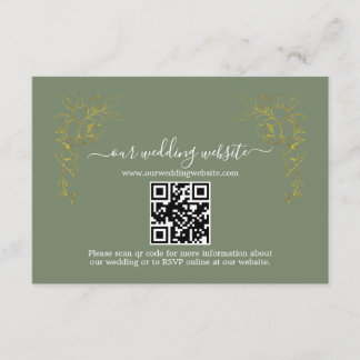 Elegant Gold Floral Sage Green QR Code Wedding Informatiekaartje