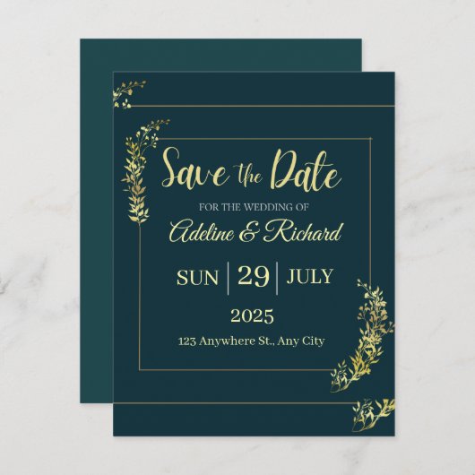 Elegant Gold Floral Save The Date Card Feestdagenkaart (Voorkant / Achterkant)