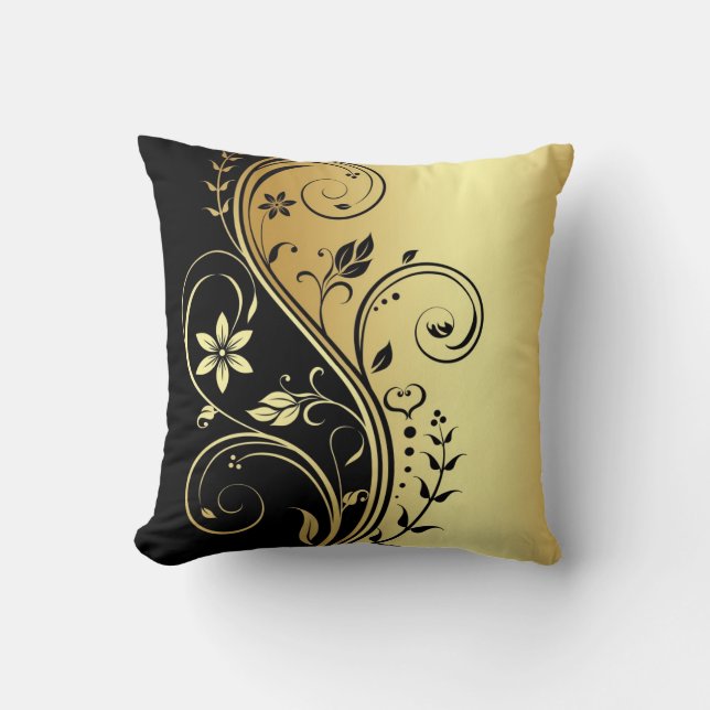 Elegant Gold Floral Scroll Black Pillow Kussen (Voorkant)