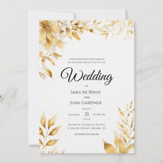 Elegant Gold Floral Wedding Invitation (Devant)