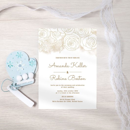 Elegant Gold Floral Wedding Invitation Kaart