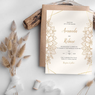Elegant Gold Floral Wedding Invitation Kaart